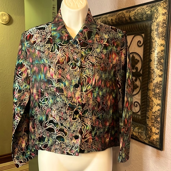 Chico"s Silk Jean Jacket Art deco print - stunning Sz 0 (4) - Picture 1 of 12